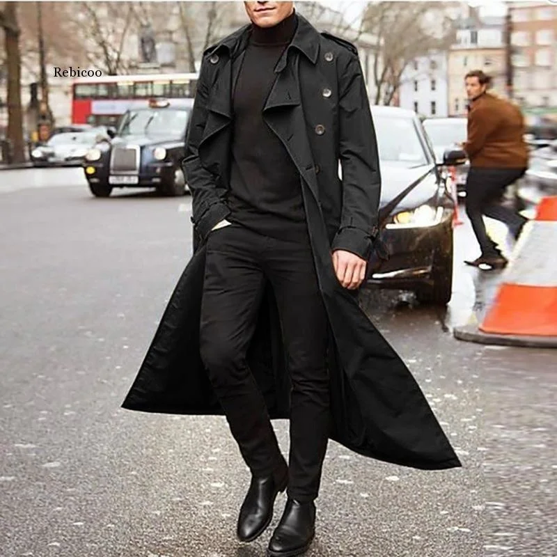 

2021 new Men Overcoat Vintage Long Trench Coat New Jacket Business Black Casual Solid Windbreak Autumn Outwear