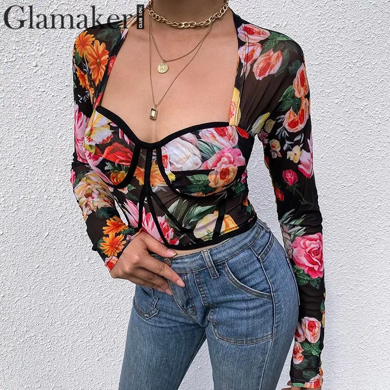 Glamaker трикотажная винтажная блузка с цветочным принтом женская элегантная