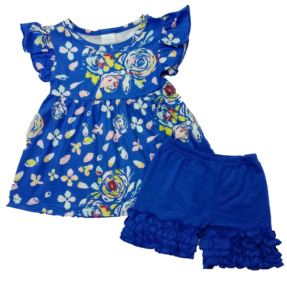 

Cute Baby Girls Summer Boutique outfit Navy Floral Flutter Sleeve Tunic Top With Icing Shorts Kids Infant Toddler Clothing