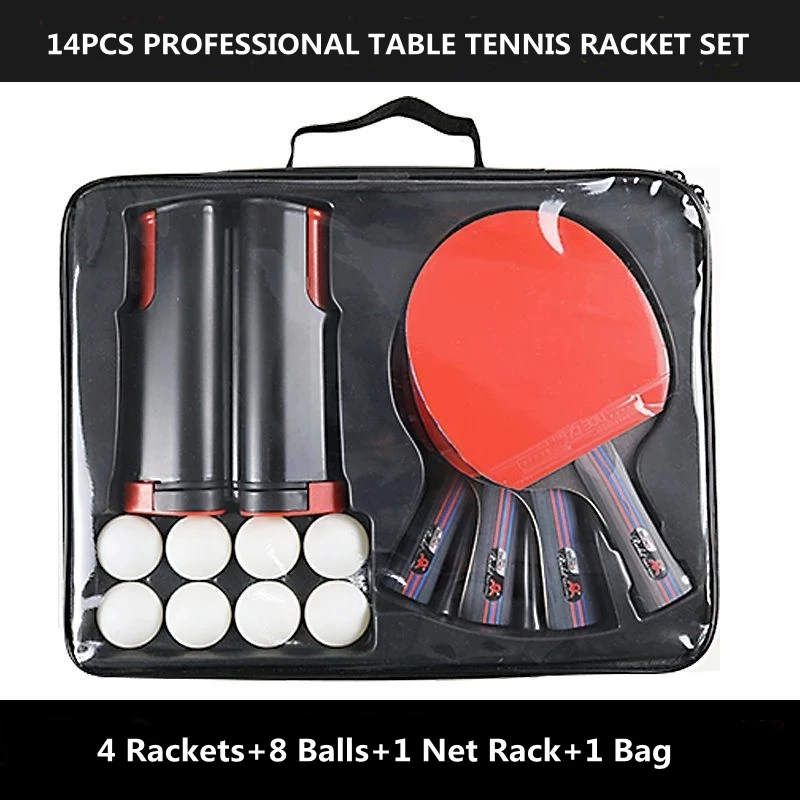 Professional 14 Pcs Table Tennis Racket Set 2 Pair Rackets 8 Balls Retractable Table Tennis Net Rack Ping Pong Sports Set