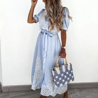 fashion half sleeve button up tunic long dresses party holiday vestido s xxl women elegant lace hollow out shirt dress with belt