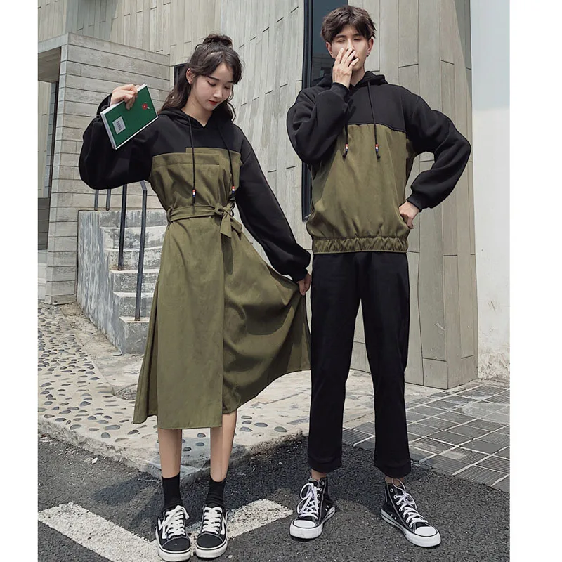 

Men And Women Matching Couple Husband Wife Fancy Dress For Family Outfits Green Black Patchwork Hoodie Dress Hooded Sweatshirt