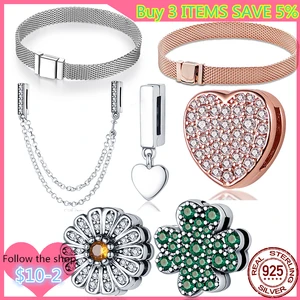 New 2021 Genuine 925 Silver Petal Heart-shaped Flat Bracelet Ladies Fashion Jewelry DIY Making Bracelet Safety Chain