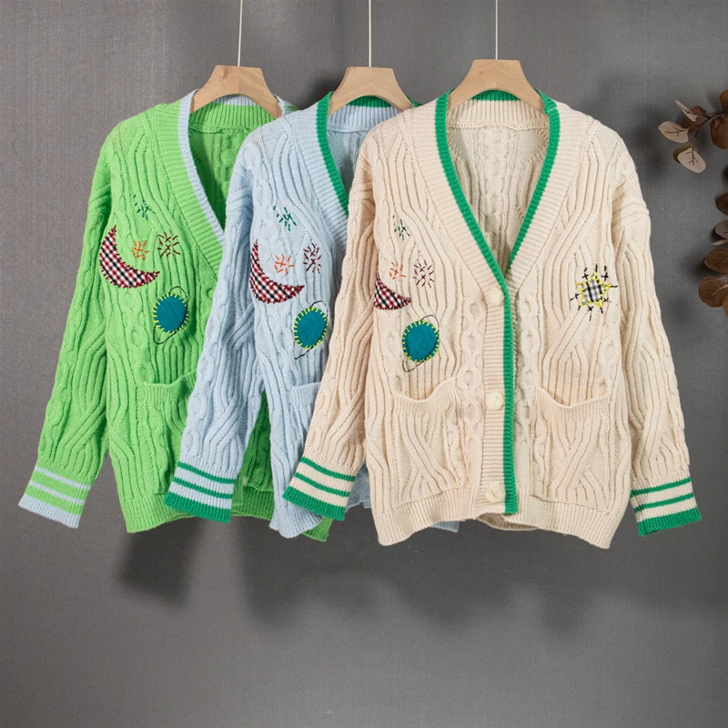 

Новинка Осень-зима 2021, вязаный кардиган, свободная модная универсальная блузка в ленивом стиле с вышивкой