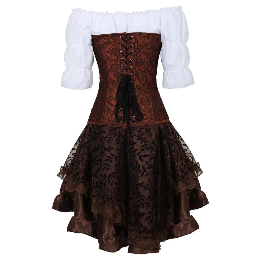 Пиратский корсет платье с шортами готический оборками юбка винтажный Коричневый