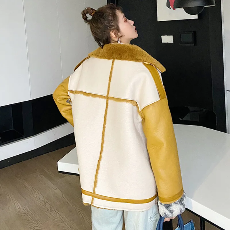 

LANMREM 2021 Autumn Turn-down Fur Collar Zipper Fly Yellow Moto&biker Street Wear Pu-leather Coat For Women 2A2376