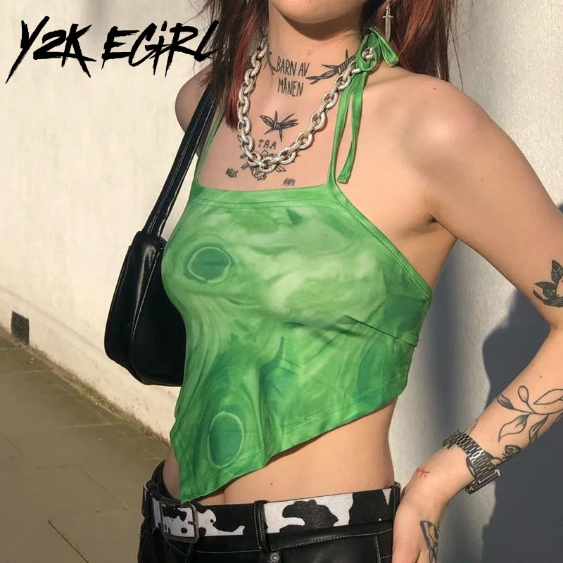 

Y2K EGRIL Grunge Punk Green Tie Dye Halter Tops Y2K Aesthetics Backless Lace-up Sexy Crop Top E-girl Streetwear Summer Tanks