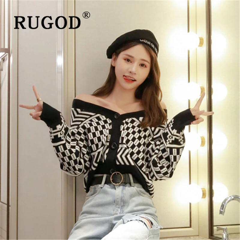 RUGOD Korean ins patchwork cardigan sweater women Fashion single-breasted auturm plaid knitted caridgan female Vintage slim coat |