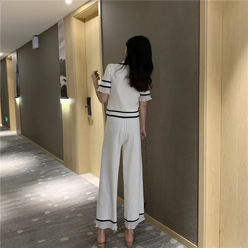 

Bow Lace Up Contrast Color Knitted Tops + High Waist Wide Leg Pants Suit Women Two piece Set Office Lady Matching Set 2020 B133