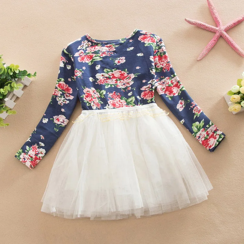 Детское зимнее платье с цветочным рисунком кружевное длинным рукавом для