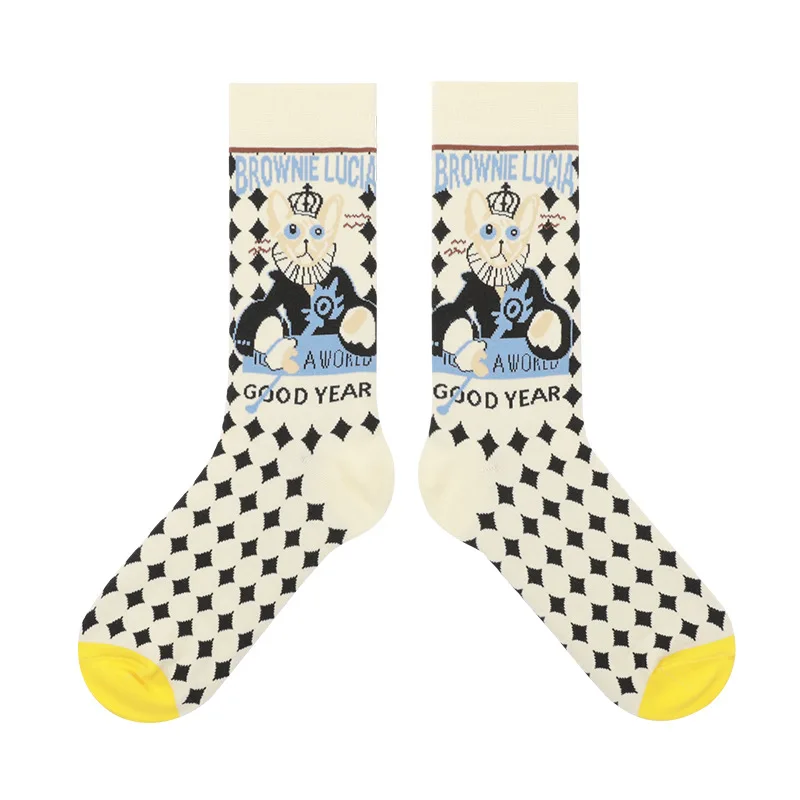 

Autumn and Winter Thickened Illustration Grid Ghildren's Tide Socks Cute Cartoon Pure Cotton Female Mid-tube Socks Must-have