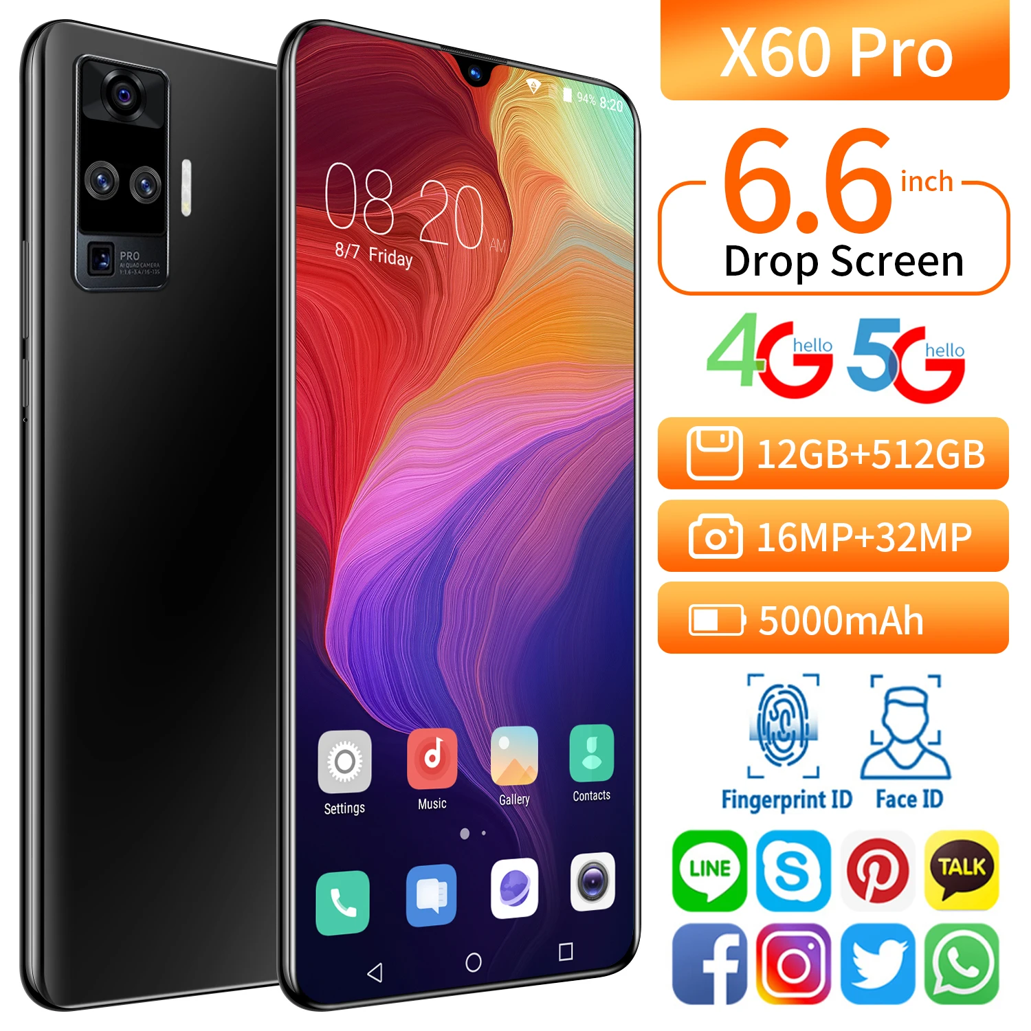 Tel&eacute;fono Inteligente X60 Pro, versi&oacute;n Global, Snapdragon 865, Quad C&Aacute;MARA DE 32MP, 6,6 pulgadas, 512GB + 12GB, 5000mAh, Android 10,0, 5G, LTE-3