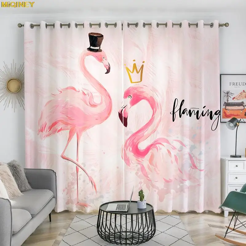 

European and American style 70% Shanding Ring Top 3D Print Hand-painted Flamingos HD Printing Curtain Living Room Curtain