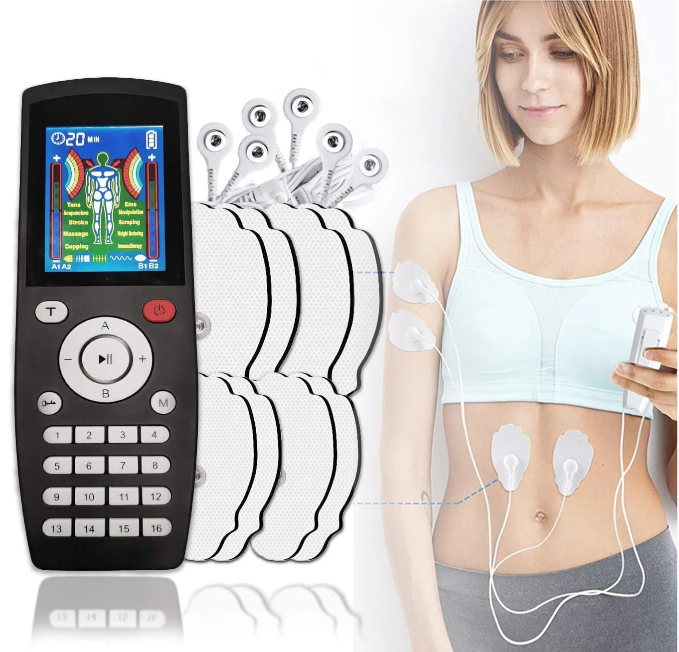 

16Modes Electroestimulador Muscle Stimulator Physiotherapy TENS Machine EMS Unit Pulse Pad Therapy Best Pain Relief Massage Body