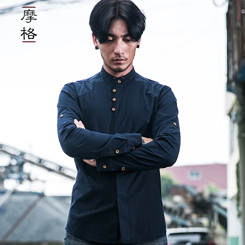 

Chinese Style Retro Linen Shirt Men's Casual Long-Sleeved Shirt Solid Color Cotton And Linen Men's Slim Standing Collar Shirt