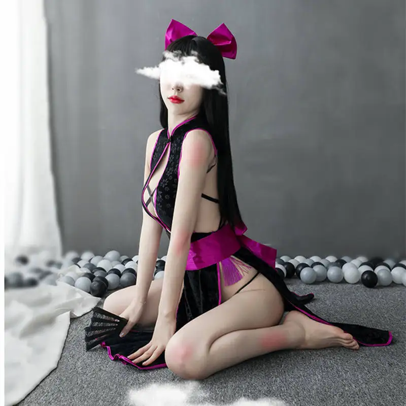 Пикантное нижнее белье ретро Чонсам с вырезами и лямкой на шее пятиугольная