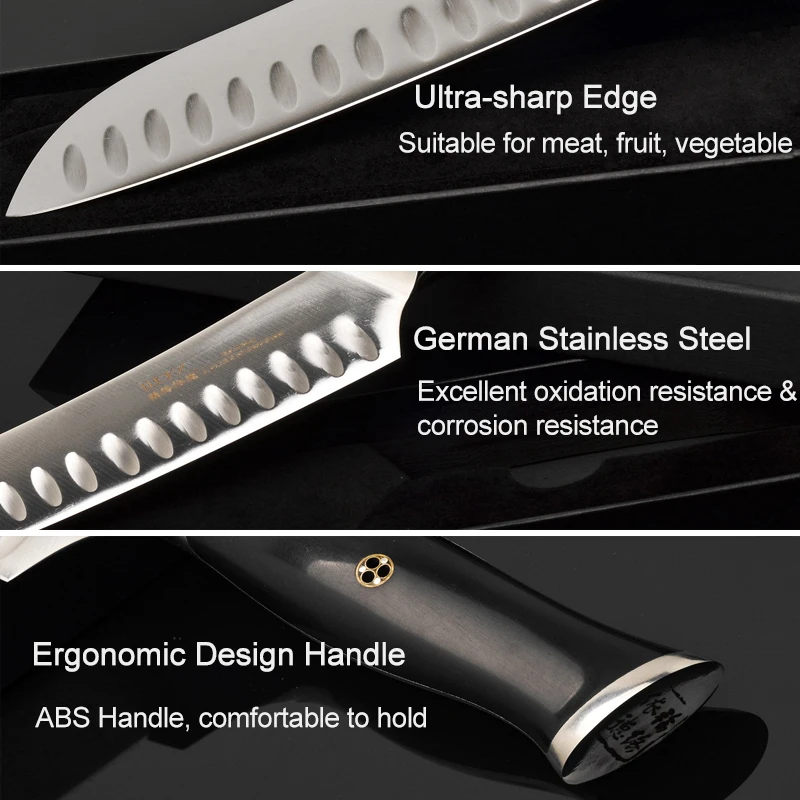 Нож шеф-повара Santoku, кухонный, Германия, 1,4116, нержавеющая сталь, Gyuto, Кливер для нарезки, измельчения рыбы, филе, кухонные ножи 33
