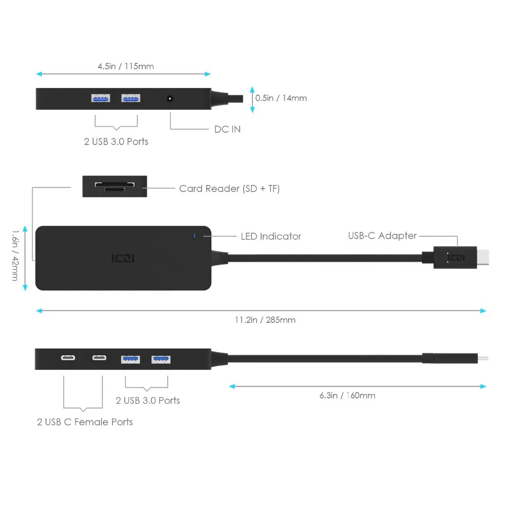ICZI 8 в 1 USB C концентратор type до 4 3 0 портов + кардридер (SD TF) 2 порт для передачи данных