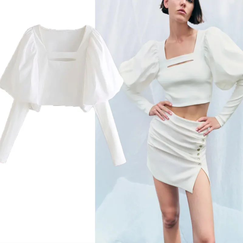 

Женская укороченная вязаная блузка Za, элегантная белая эластичная блузка с вырезами и длинными рукавами-фонариками, осень 2021