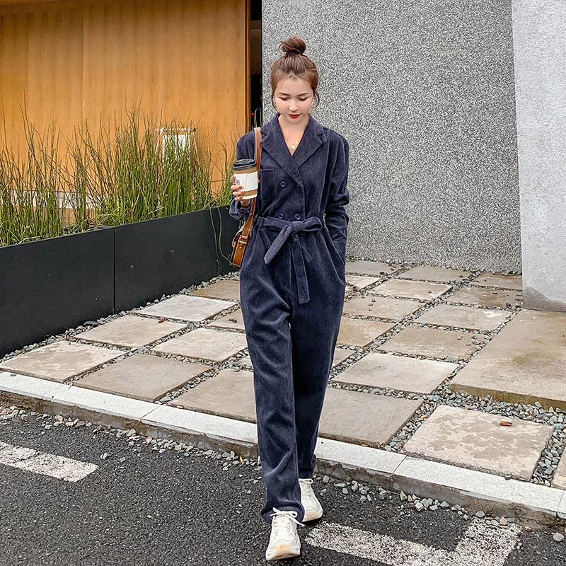 Вельветовые комбинезоны для женщин с длинным рукавом Свободные двубортные Sashe