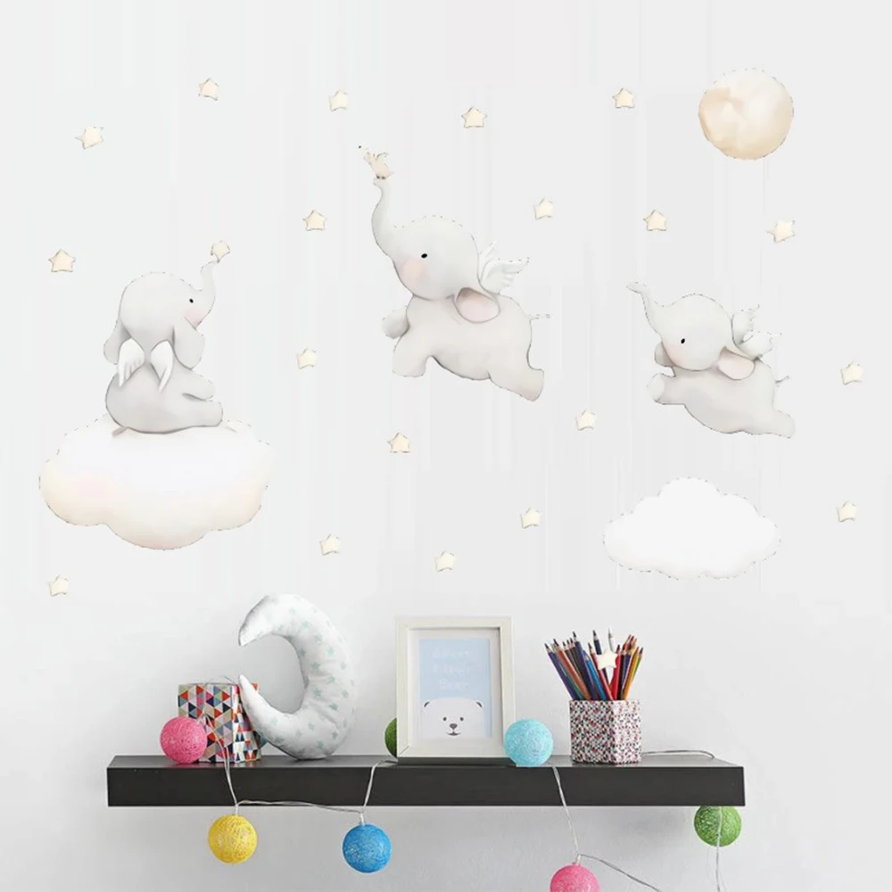 Летающий Слон наклейка на стену животное с облаком луной звездой Дамбо Настенный