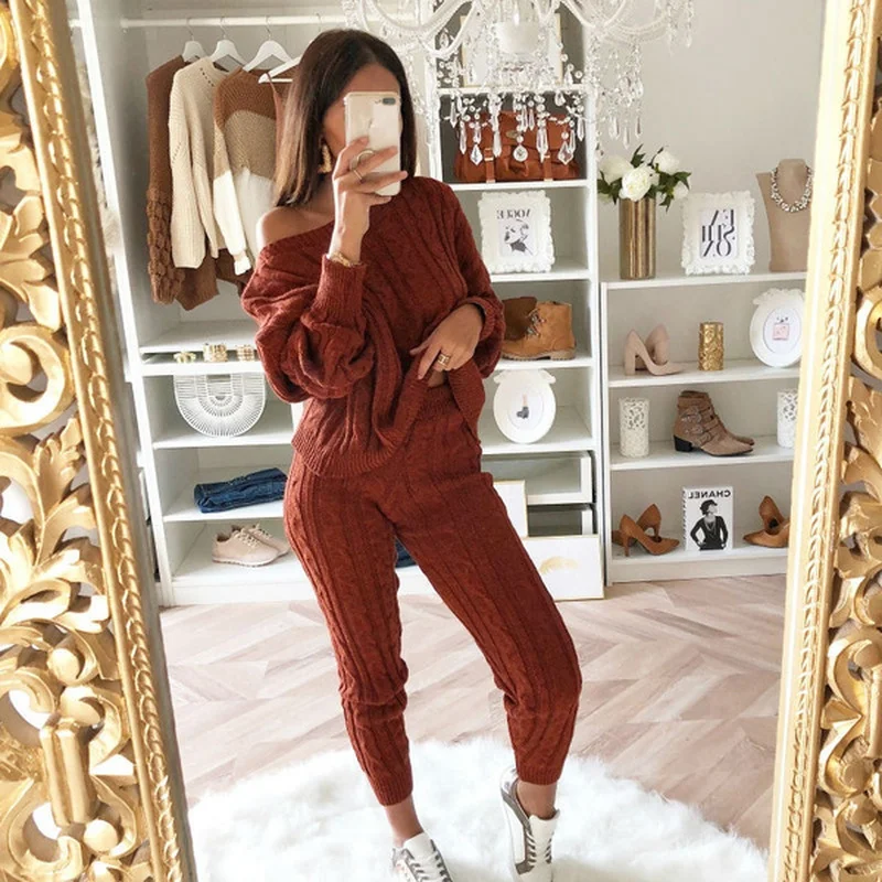 

2 Piece Set Outfits for Women Knitted Sweater and Pants Suit Autumn Winter Ladies Elegant One Shoulder Loungewear Sets