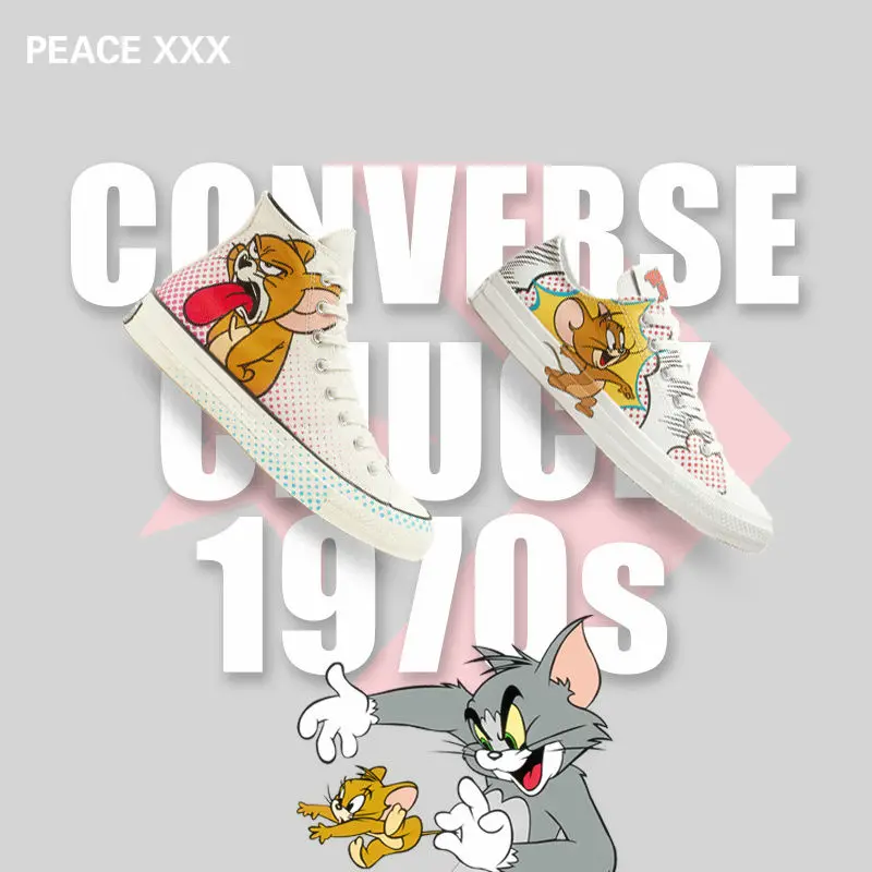 Высокие женские парусиновые туфли с изображением кошки и мыши Вулканизированная