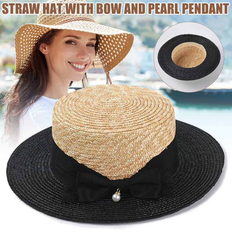 

Women Straw Hat with Bowknot Decor Wide Brim Cap Breathable Flat Hat for Outdoor Beach Summer 56-58cm LL@17