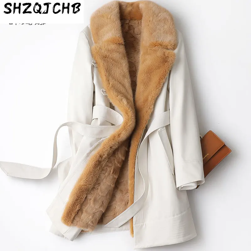 

SHZQ Новое меховое пальто норковый меховой воротник Классическая парка норковая внутренняя подкладка средней длины для женщин