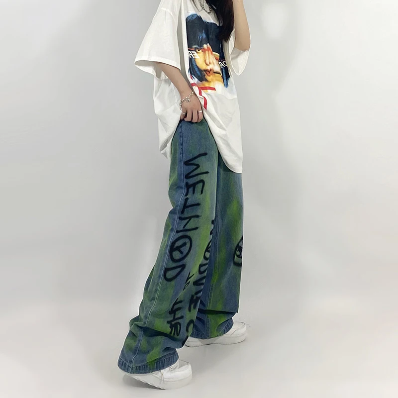 

SHENGPALAE Hip Hop Graffiti Jeans Women's Spring Autumn 2021 New High Waist Green Loose Wide Leg Denim Pants Female Tide 5E183