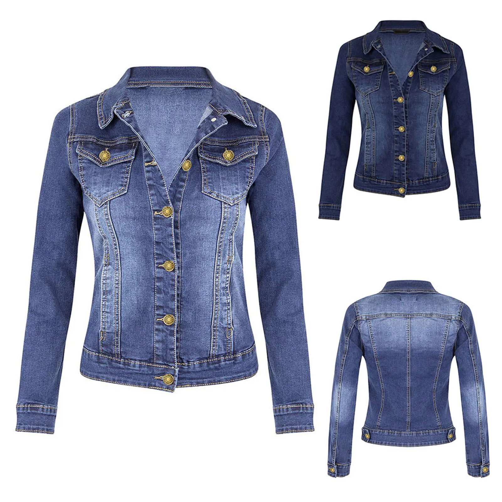 

Women's Fashion Casual Solid Colors Long Sleeve Single Breasted Pocket Denim Jacket Slim Lapel Coat Outwear Chaqueta Mujer#g3