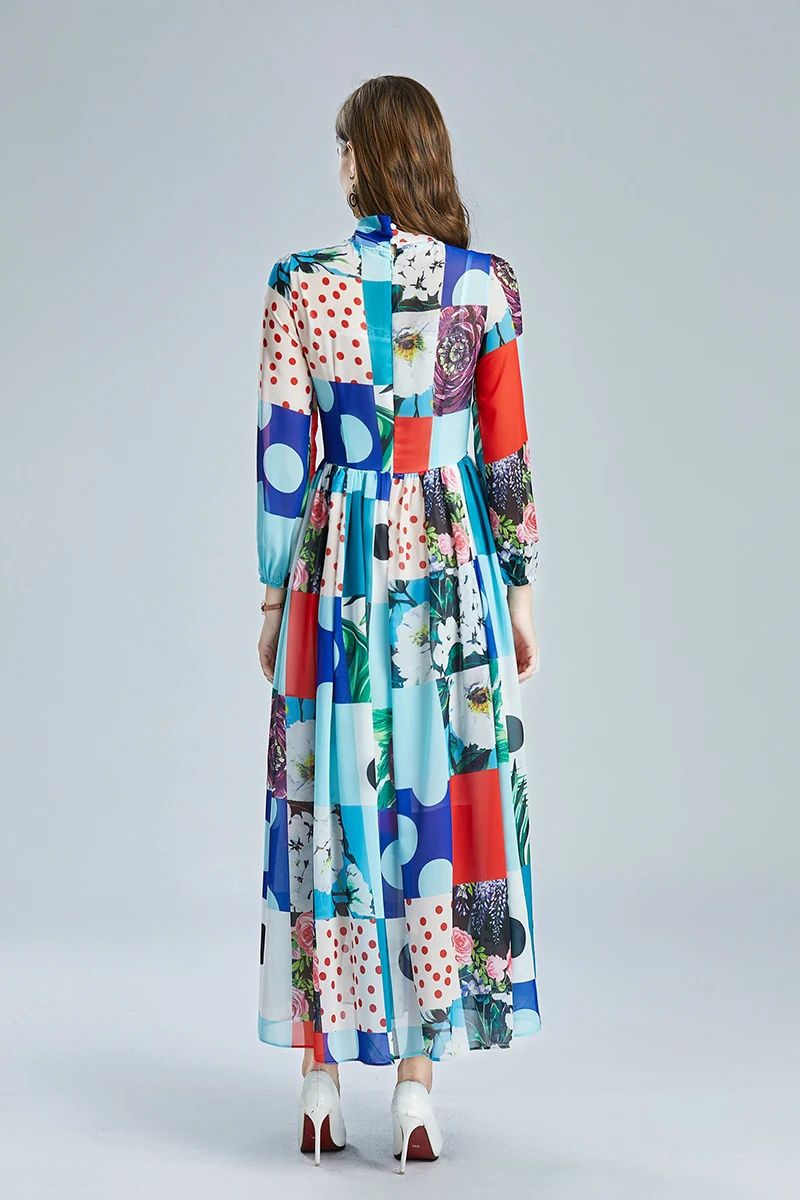 Женское шифоновое платье-миди с бантом на воротнике трапециевидного силуэта -