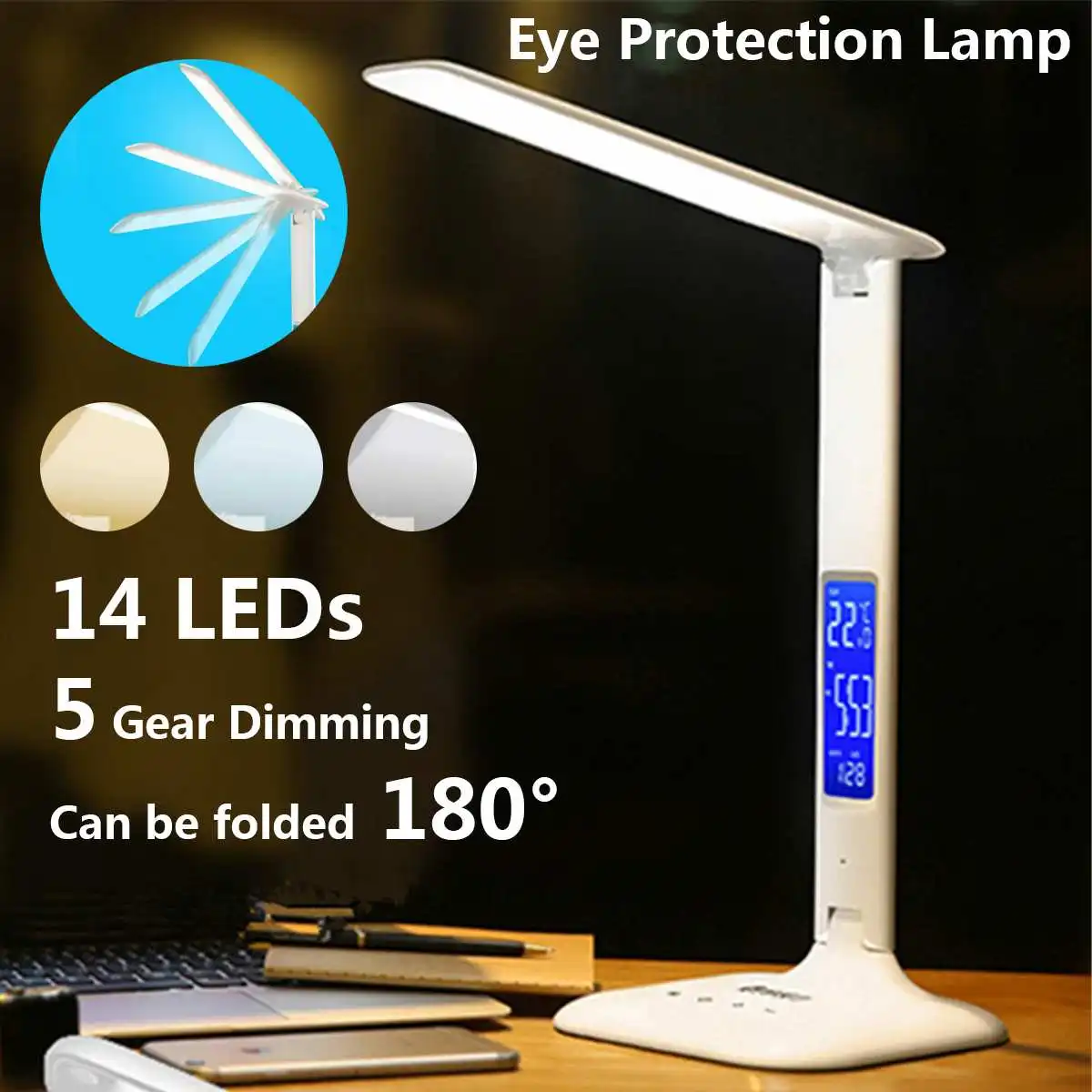 

Беспроводная Светодиодная настольная лампа с календарем, температурой, будильником, сенсорным выключателем, USB, перезаряжаемая лампа для ч...