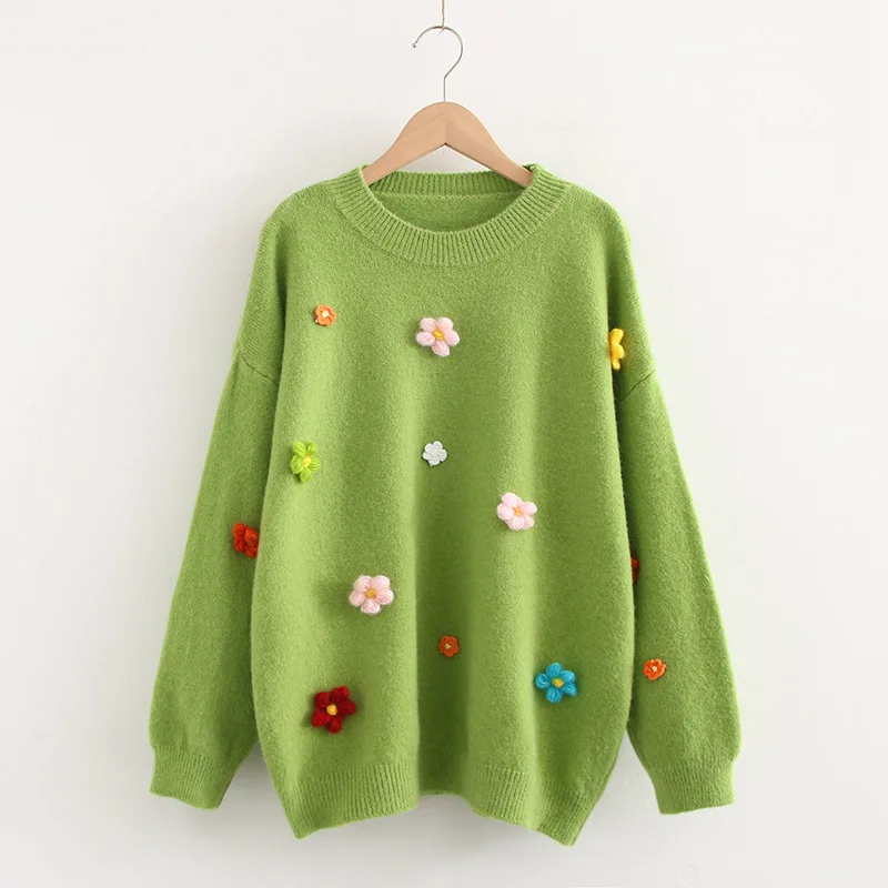 Женские свитера с вышивкой милые свободные пуловеры со стерео цветочным