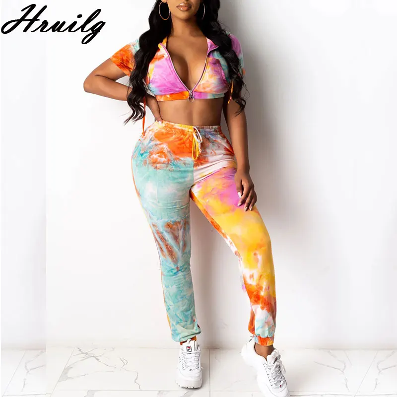 

Женские летние комплекты из 2 предметов, укороченный топ и длинные брюки, спортивная женская одежда с принтом тай-дай, модная облегающая вер...