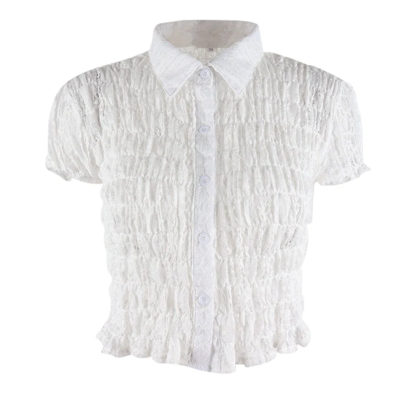 

Women summer Lace T-shirts Polos collar foldable Bubble short Sleeve Streetwear Female Tops FS99