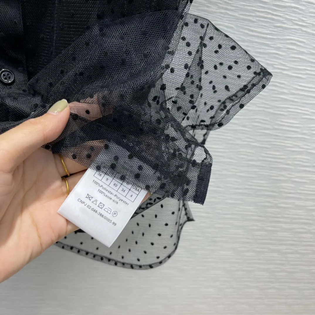 

Fashion Dot Jacquard Lace Shirts Suit for Women 2021 Summer New Lapel Short Sleeve See-through Solid Shirts with Silk Camisoles