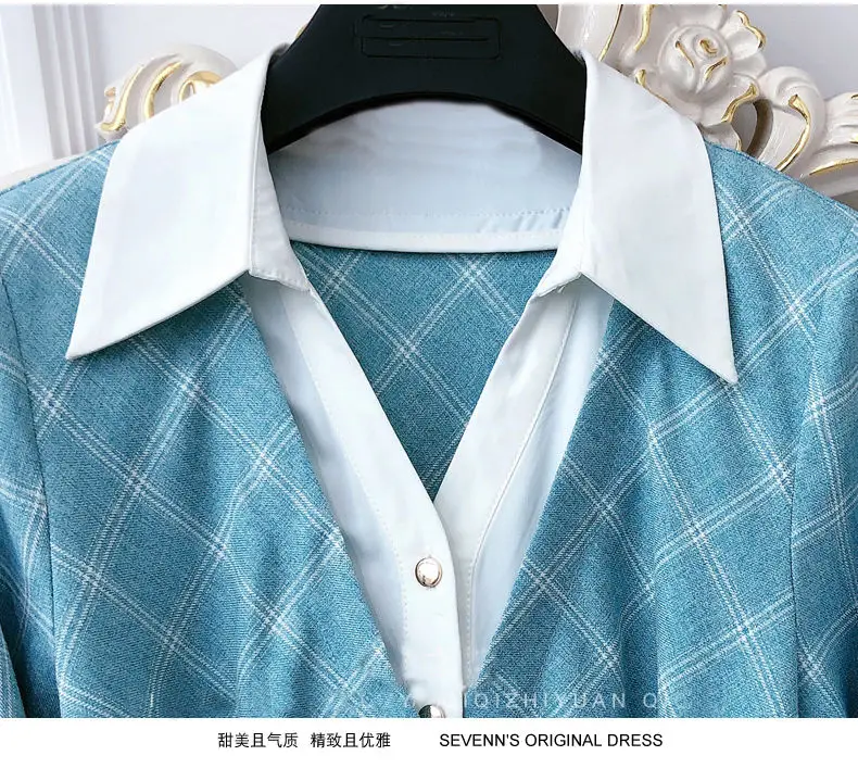 

2021 Spring Autumn Women Dress New Clothing Blue And White Plaid V-Neck Fake Two-Piece Slim Long-Sleeved