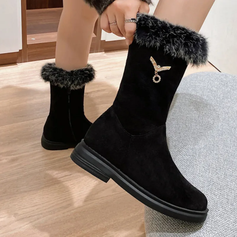 

Fanyuan Keep Warm Winter Mid Calf Boots Metal Decoration Short Boots Flock Casual Round Toe Zipper Women Shoes Big Size 29-46