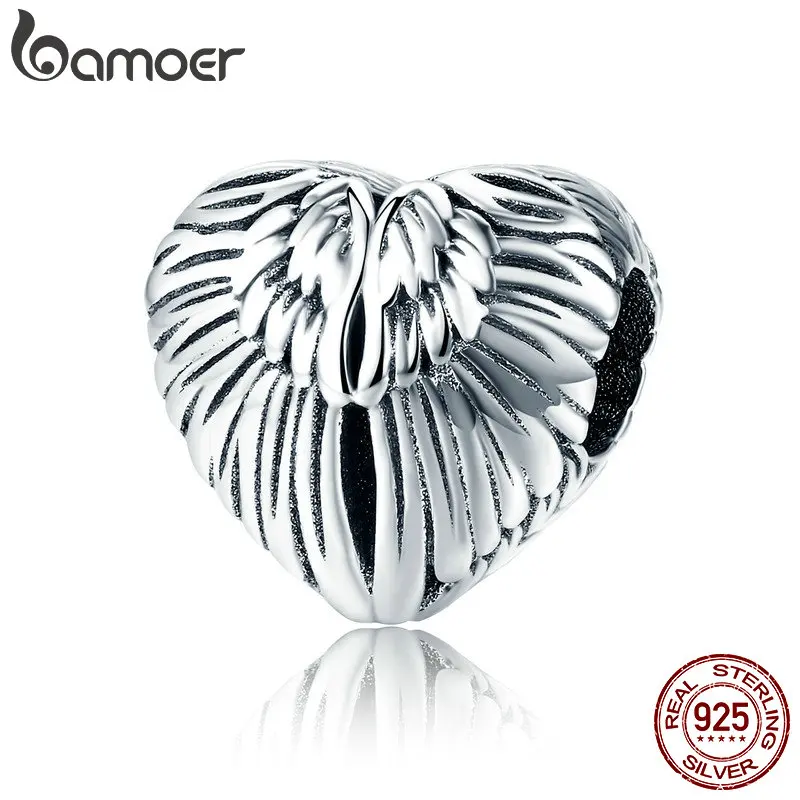BAMOER 925 пробы серебряные крылья Ангела в форме сердца очаровательные бусины подходят для женщин Браслеты DIY ювелирных изделий SCC780