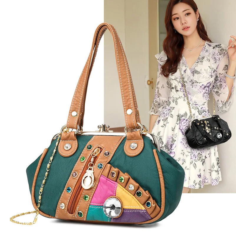 

retro stitching hit color handbag women casual trend diamond-studded shoulder bag fashion simple soft leather messenger bag
