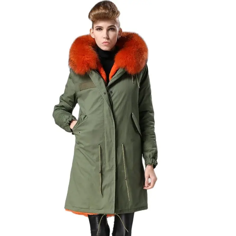 Длинная пуховая оранжевая парка на меху для женской зимней одежды, толстый искусственный мех для MR или MRS