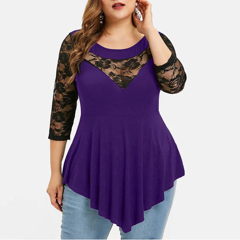 Purple 5XL плюс размер блузка женская летняя кружевная открытая бюст три четверти рукав Сексуальная Блузка рубашка Женский жакет Нерегулярные Топы - Color: Purple