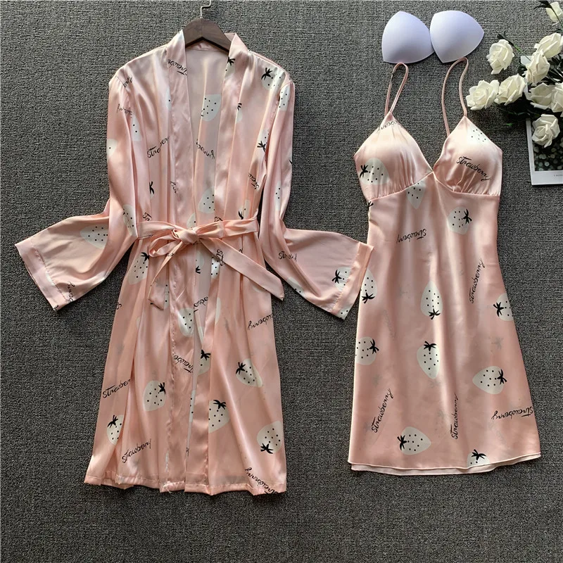 

Fruit Print Women Kimono Bathrobe Gown Set Sexy V-Neck Mini Nightdress Casual Home Dress Sweet Pink Sleepwear With Belt