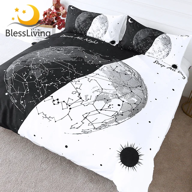 BlessLiving Earth Bulb Bedding Black White Stylish Duvet Cover Day and Night Bedspread Constellation Sun and Moon Bed Set 3pcs 1