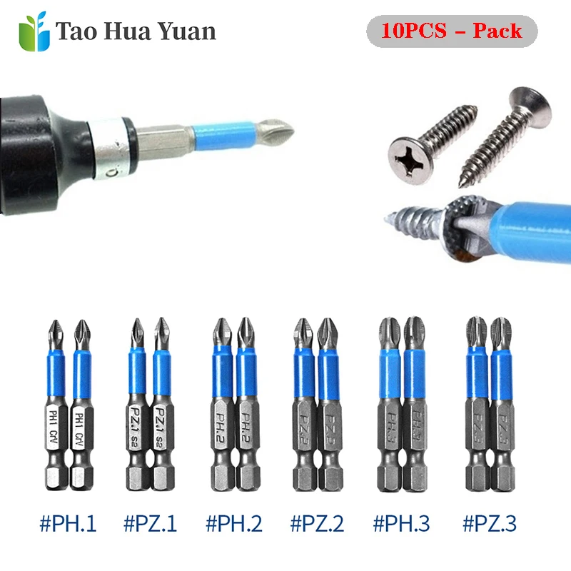 

10pcs Gcr15 Phillips Bits Hex Shanked Anti-Slip Screwdriver Bits Magnetic Single Head PH1 PZ1 PH2 PZ2 PH3 PZ3 50mm Length Tools