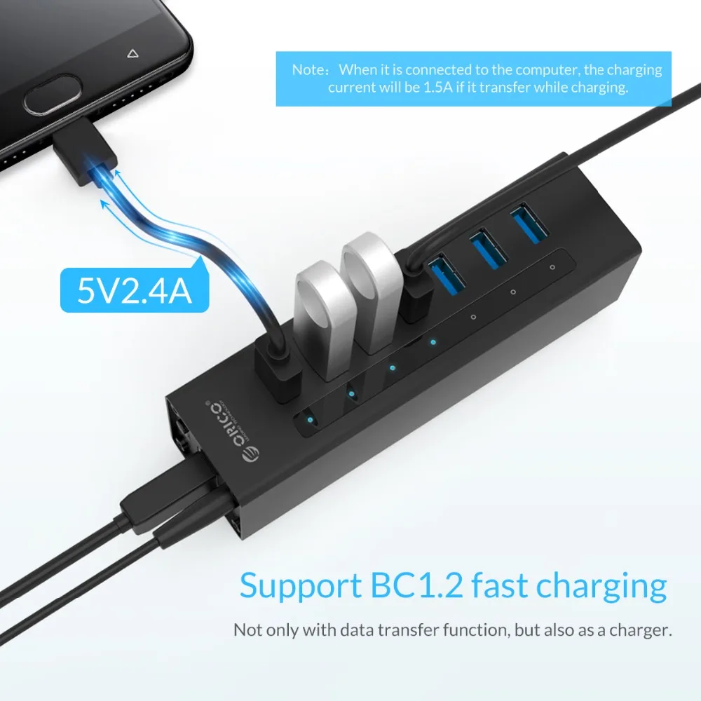 ORICO 7 Порты и разъёмы высокое Скорость Настольный USB3.0 концентратор Поддержка BC1.2 зарядки с Мощность адаптер Алюминий USB разветвитель для Macbook-черный