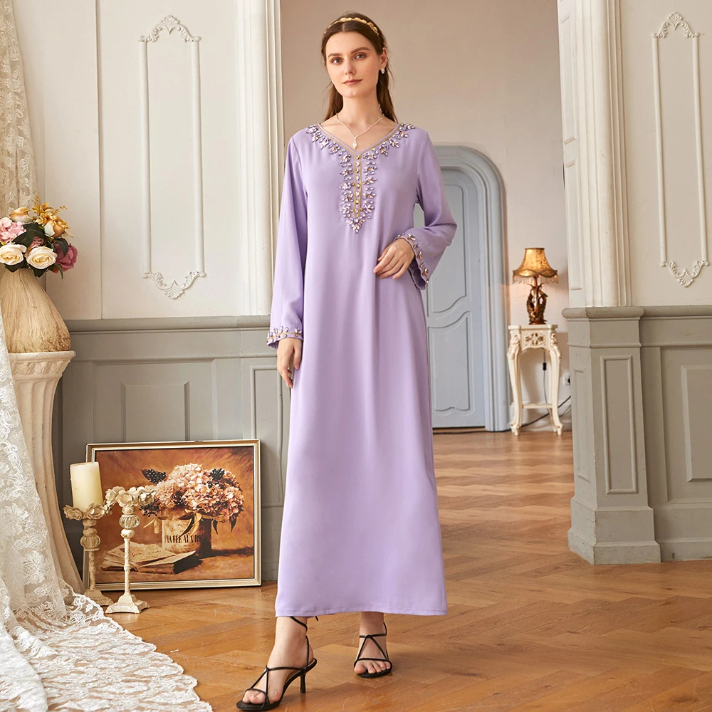 

Moroccan Muslim Women Long Dress Turkish Arab Kaftan Diamonds V-neck Abaya Long Sleeve Maxi Robe Gown Middle East Dubai Fashion