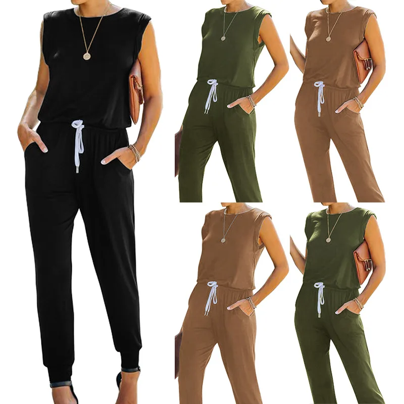 

Wepbel Women's Jumpsuit Padded Shoulder Crew Neck Sleeveless Summer Backless Casual Lace up Sports Style Belt Jumpsuit