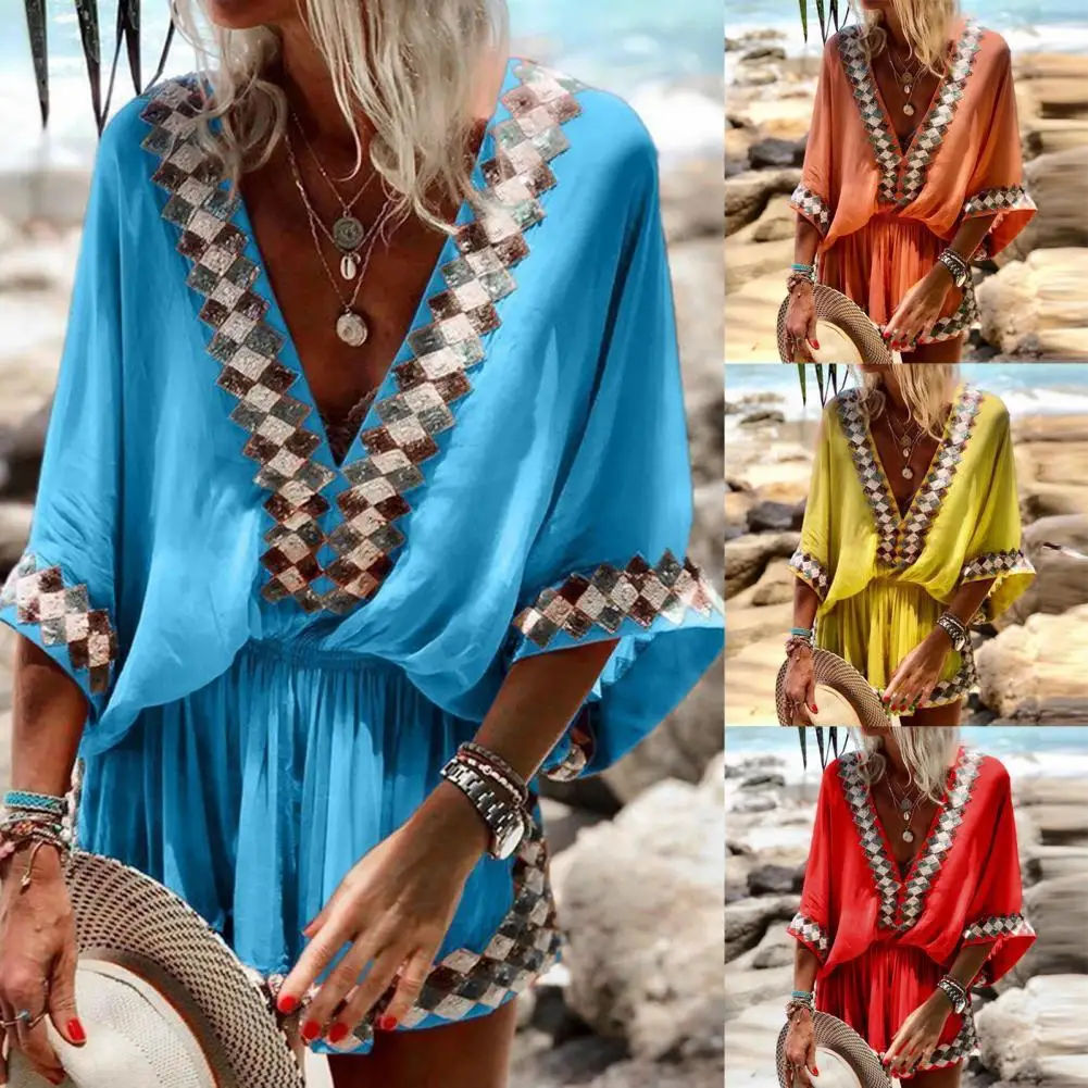 

Women Dress Bohemian Style Half Sleeve Deep V-Neck Dresses Exquisite Printing Female Sexy Casual Short Mini Dress 2021